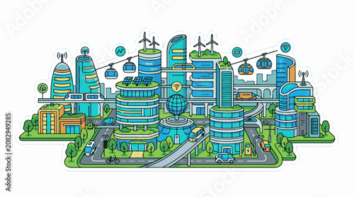 Colorful illustration of a futuristic city with sustainable transport and energy