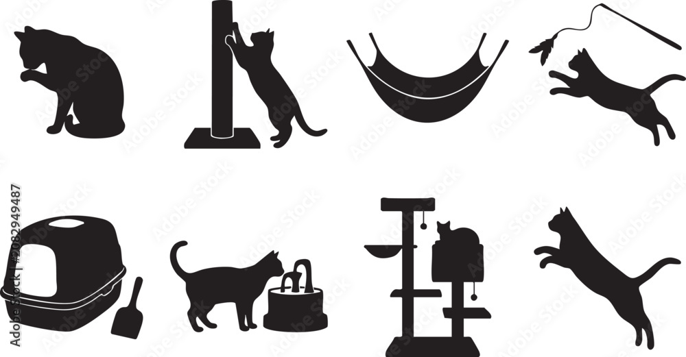 Obraz premium Cat Behavior And Care Products Icon Bundle Featuring Feline Silhouette Scratching Post And Litter Box