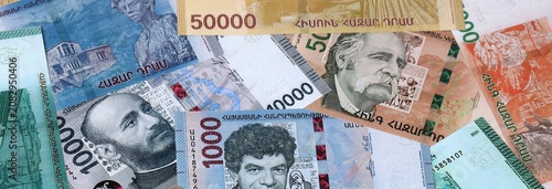 Obraz na plátně Armenian dram money banknotes bunch on table