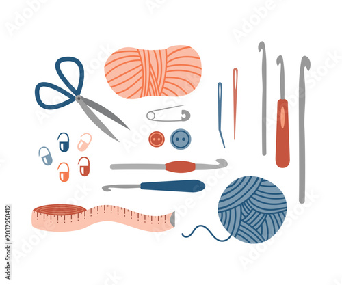 Crochet tools and equipment set – flat vector illustration of yarn, crochet hooks, measuring tape, stitch markers and other DIY craft supplies.