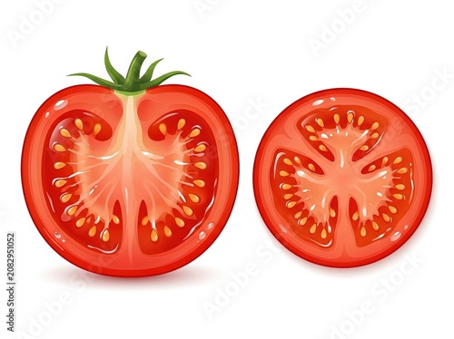 Red Tomato Half and Slice Realistic Illustration Isolated White Background Fresh Vegetable Juicy Raw Organic Food Salad Cooking Graphic Element 3D