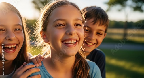 Joyful Children Smiling Outdoors in Sunlight.