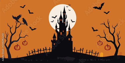 Fotografie Spooky halloween night with castle and pumpkins