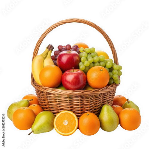 Fresh fruit basket with apples oranges and grapes