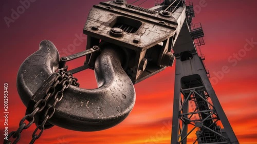 Industrial crane hook with chain against vibrant sunset sky  