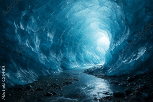 Stunning icy cave interior with glowing blue light and flowing water stream, perfect for nature background and adventure concept visuals. Ai generative