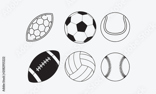 port balls set icons in solid and outline, sports ball collection line art