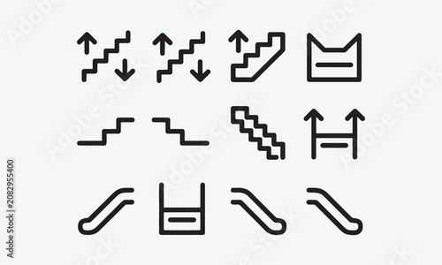Stairs icon set, climb up and down stairs with directional arrows, staircase sign, escalator symbol