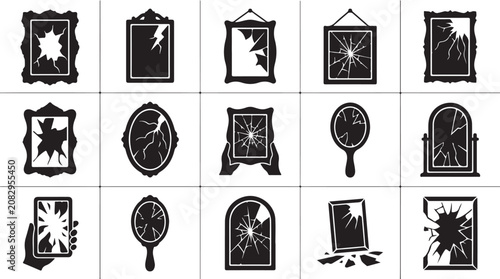 Collection of black broken mirror icons isolated on white background.