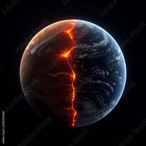 Abstract 3D render of planet Earth with glowing orange cracks symbolizing global warming
