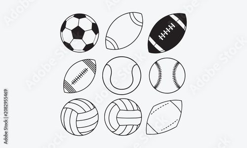port balls set icons in solid and outline, sports ball collection line art