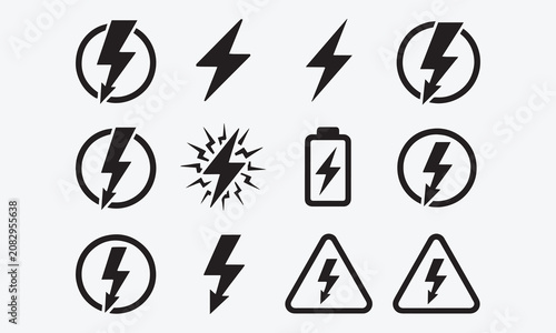 Thunder and bolt lighting flash icon set. Lightning bolt icon in circle. Electric power thunderbolt, fast battery charger symbol, volt, dangerous sign, electricity