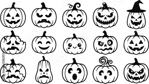 Halloween Pumpkin Faces Set, Jack O Lantern Expressions, Pumpkin SVG Bundle, Vector Silhouette Collection