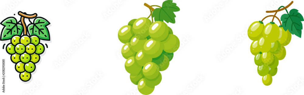 Fototapeta premium A vibrant, flat vector icon of green grapes on a vine, adorned with leaves, showcases a modern UI style against a pristine white backdrop