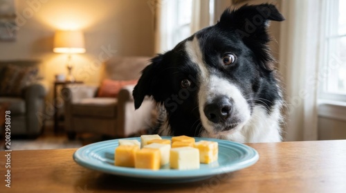 A curious border collie gazes intently at a plate of cheese cubes on a table indoors.