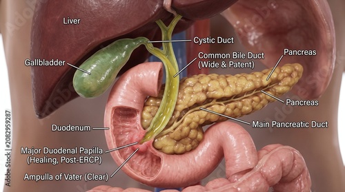 Detailed 3D Anatomical Render of Healing Biliary System Post-ERCP
