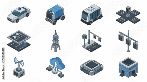 Isometric Technology and Transportation Icon Set.