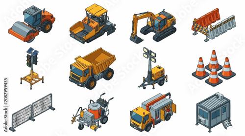 Colorful isometric construction vehicles and equipment set.