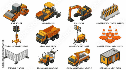 Colorful Isometric Construction Equipment and Safety Gear Set.