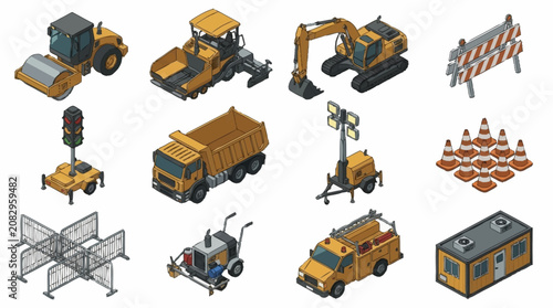 Isometric Construction Equipment and Vehicles Set.