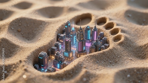 Conceptual view of a futuristic neon city inside a large footprint in the sand