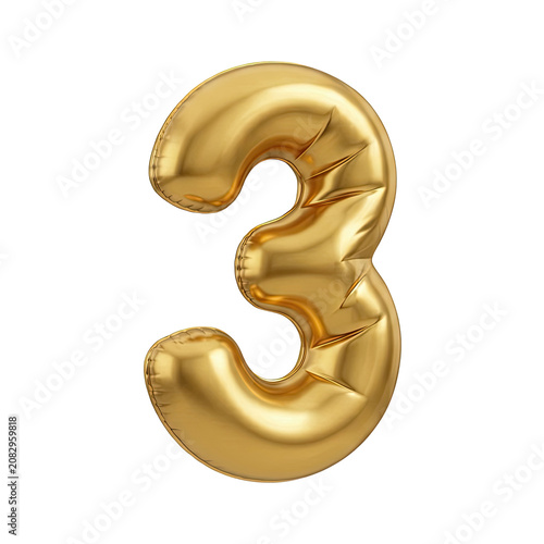 Gold balloon number 3 isolated on transparent background