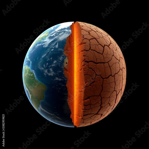 3D render of planet Earth split in half showing green forest and dry cracked desert land with glowing magma line

