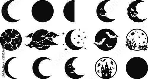 Halloween Moon Set, Crescent Moon SVG Bundle, Halloween Night Vector Silhouette Collection