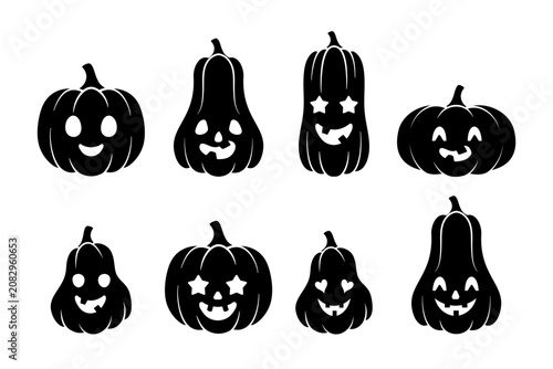 Halloween pumpkins silhouette icons set. Vector black jack o lantern collection isolated on white background.