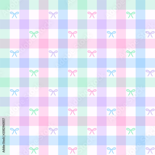 Pastel rainbow gingham seamless pattern with colorful bows. Plaid aesthetic for nursery, spring decor and kids.