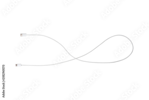 A white fabric-braided USB Type-C cable isolated on a transparent background. Ideal for concepts related to business technology, data transfer, connectivity and fast charging for modern devices.