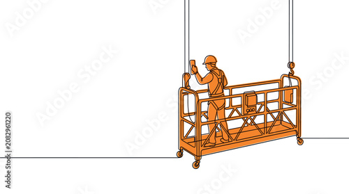 Continuous line drawing of a construction worker in a safety harness on a suspended platform, performing maintenance on a white background