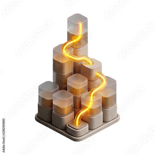 Abstract 3D isometric structure with glowing pipes