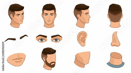 Illustrations of human face parts and hairstyles for design.