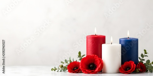 Three memorial candles with red poppies for remembrance and celebration day.