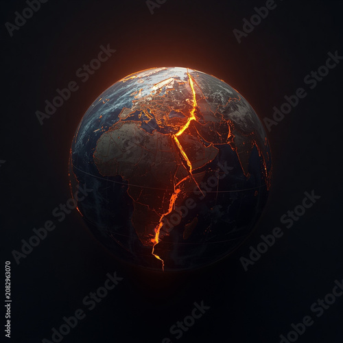 3D render of planet Earth with a dramatic glowing orange seismic crack across continents, global warming concept
