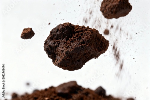 Coffee Grounds Suspended in Air Against White Background