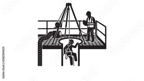 Cuadro en lienzo Confined space entry procedure with a worker descending into a manhole using a t