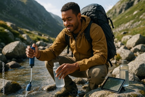 Man purifying stream water with portable filter while hiking in mountainous terrain on a sunny day, using digital map for navigation planning outdoors. Ai generative