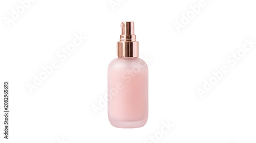 Elegant pink cosmetic spray bottle with rose gold pump and cap, isolated on a clean white background, perfect for skincare, beauty, and product photography.
