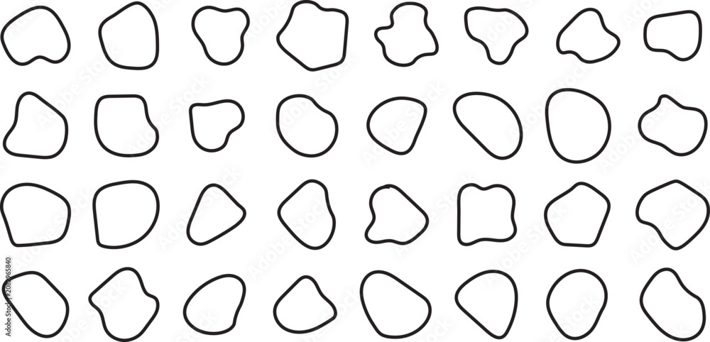 Fototapeta premium Organic blobs set icon collection for modern fluid design, featuring smooth abstract liquid splash vectors and unique amoeba shape indicators.