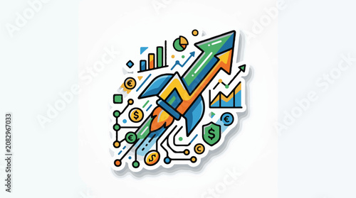 Colorful rocket with upward trend arrows and financial symbols