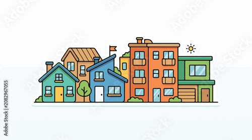Colorful row of cartoon houses with a sunny sky above