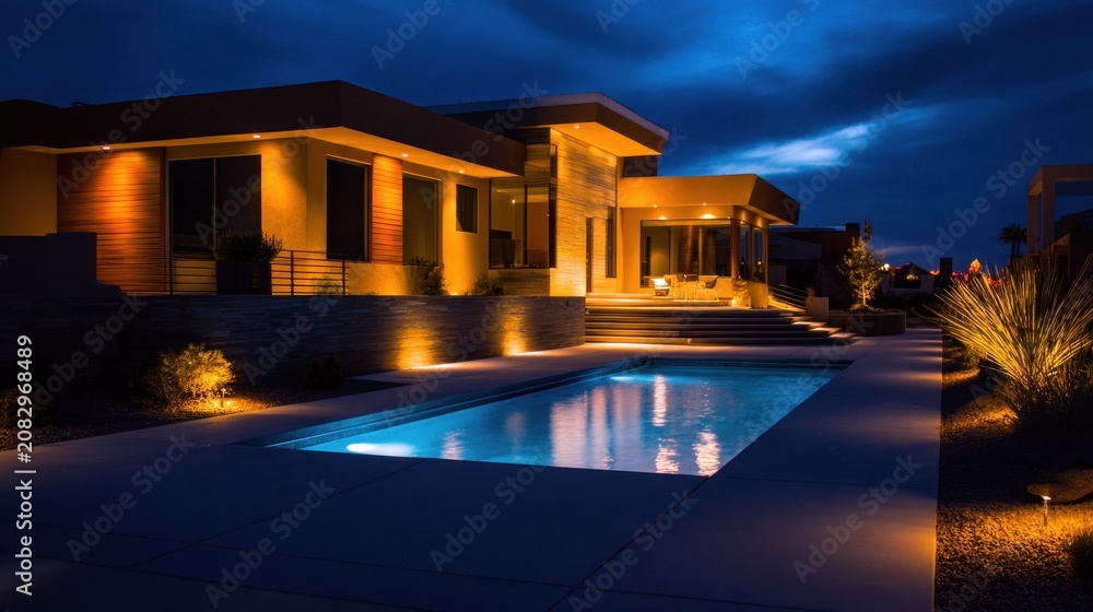 Fototapeta premium Modern house with illuminated pool and landscaping at dusk under deep blue sky