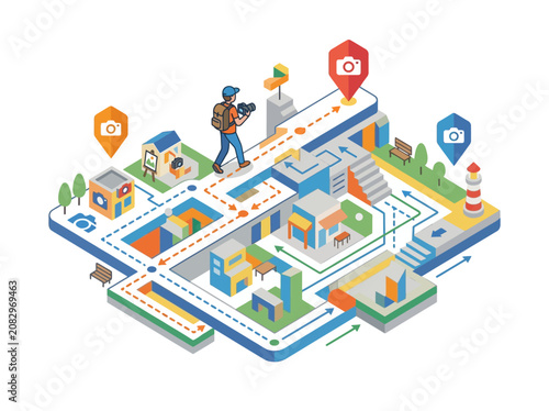 Photographer exploring creative urban landscape map, navigating scenic routes and discovering photo opportunities in an isometric city illustration.
