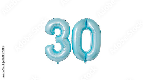 Bright blue number thirty foil balloon holiday celebration isolated on a transparent background