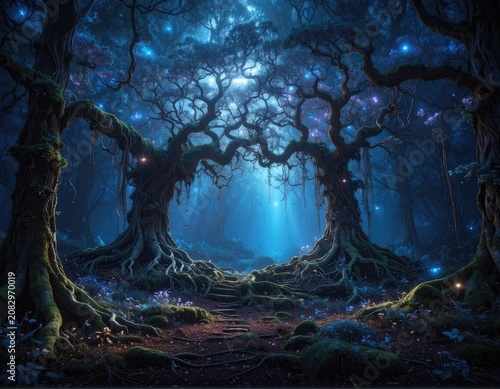 Enchanted forest archway with glowing lights and moss-covered trees
