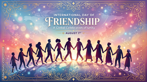International day of friendship illustration with diverse people holding hands around the world
