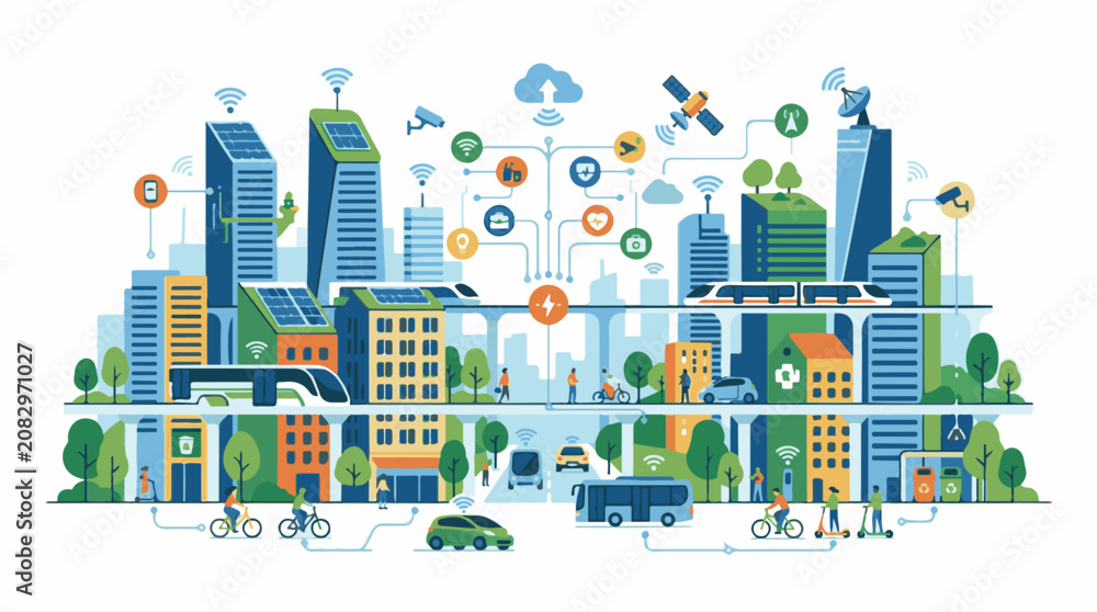 Obraz premium Connected urban landscape with smart technology and sustainable transport