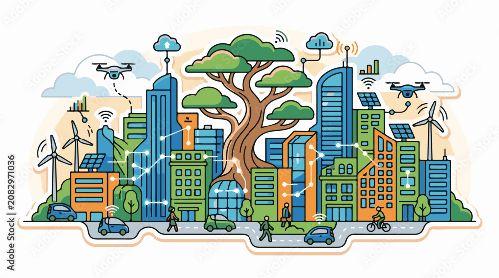 Fototapeta premium Connected urban landscape with renewable energy drones and smart technology